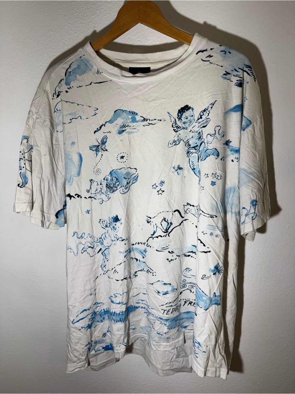 Teddy Fresh Mens White Sky Blue AOP Graphic Tee Cherub Sketch Shirt Large